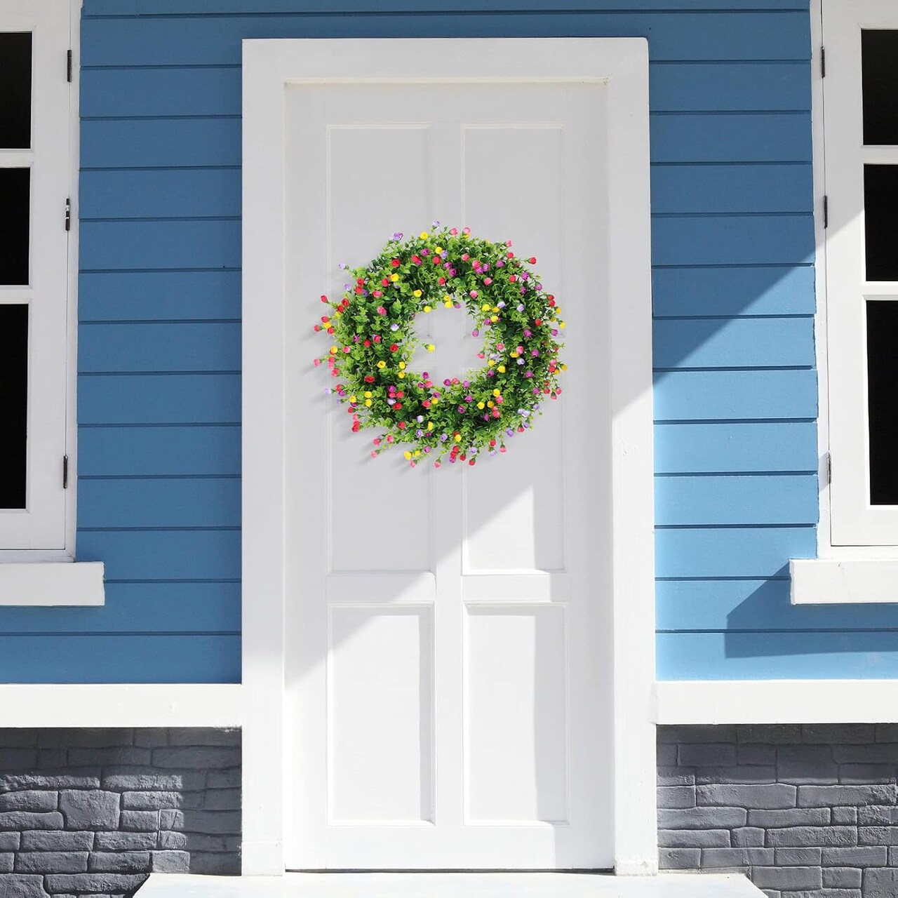 Spring Wreaths for Front Door Silk Artificial Rose Flower Wreath 120 Colorful Flowers with Plastic Green Eucalyptus Leaves Farmhouse Outdoor Wreath for Home Summer Decorations, 17.8 Inches